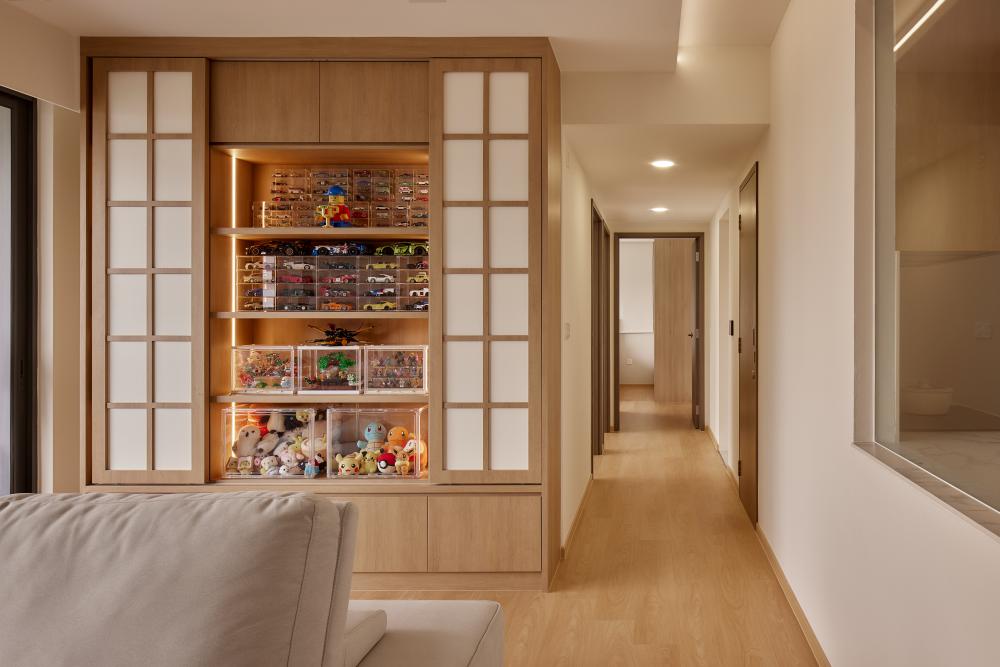 Asian Hallway with Wood Flooring and Display Cabinets