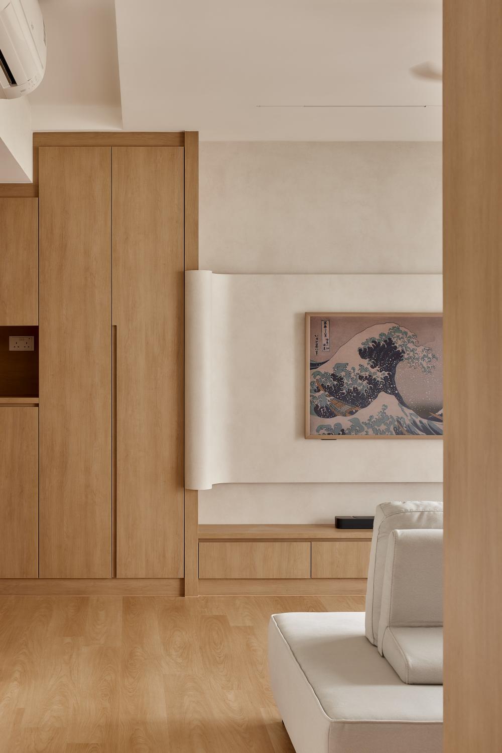 Asian Living Room with Wood Flooring and TV Console