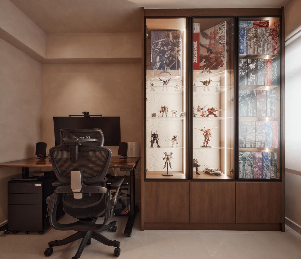 Scandinavian Bedroom with Display Cabinets and Open Storage