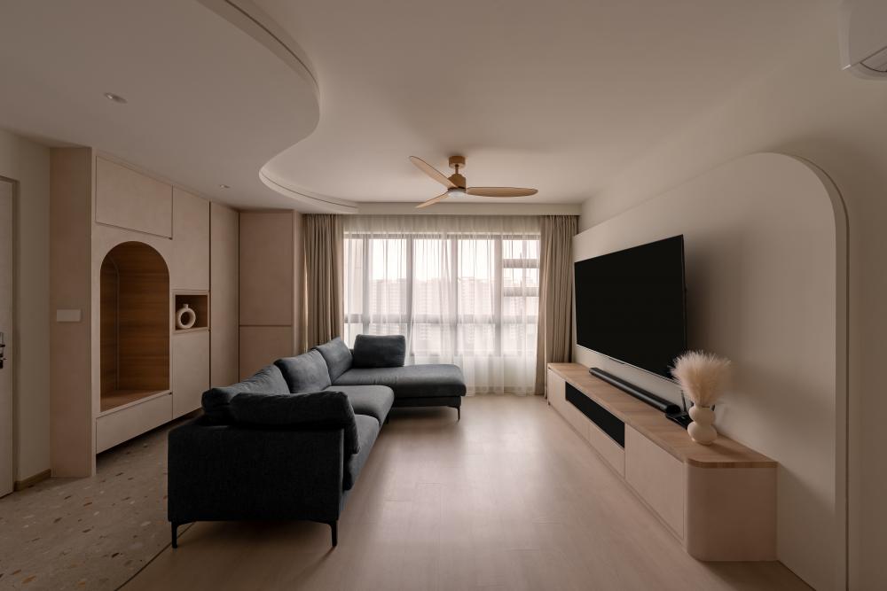 Asian Living Room with Wood Flooring and Ceiling Light