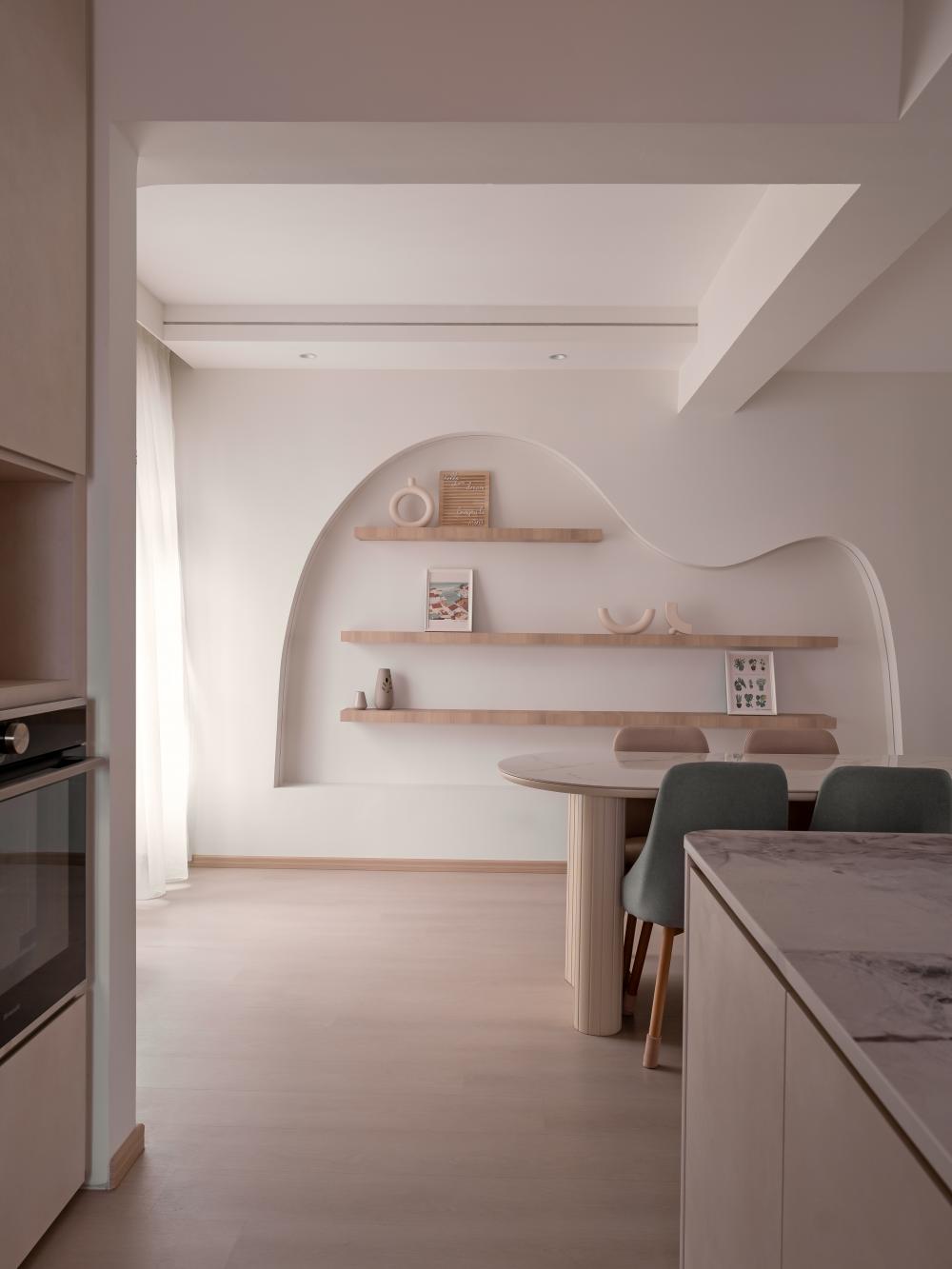 Asian Dining Room with Display Cabinets and Open Storage