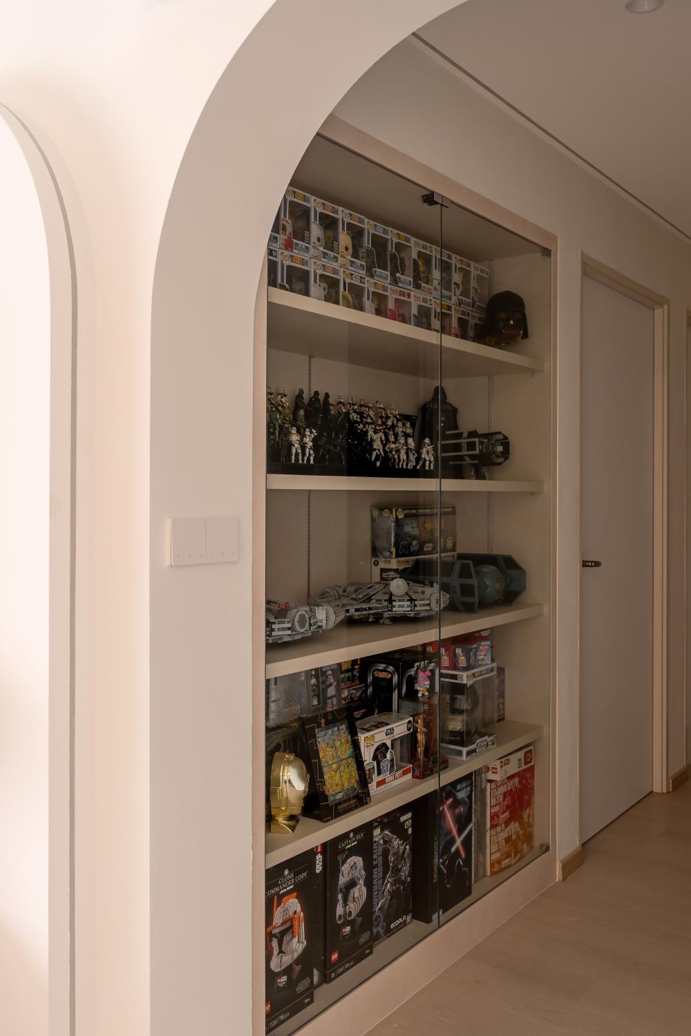 Asian Hallway with Bookshelf and Artwork