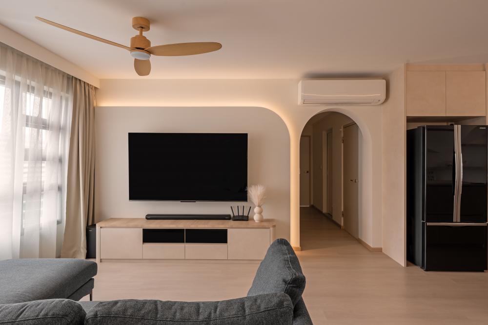 Asian Living Room with Sofa and Display Cabinets
