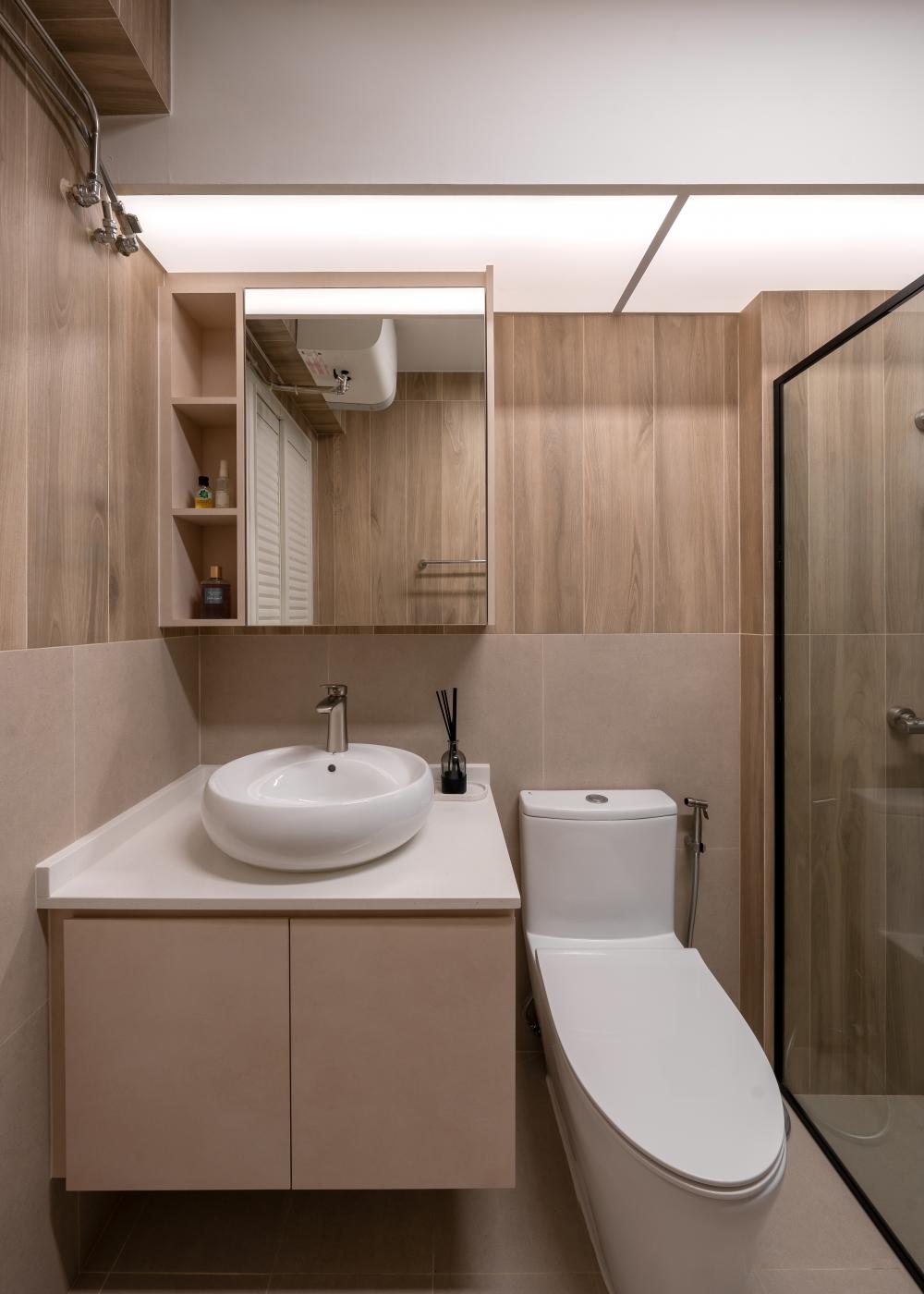 Asian Bathroom with Mirror and Bathroom Storage