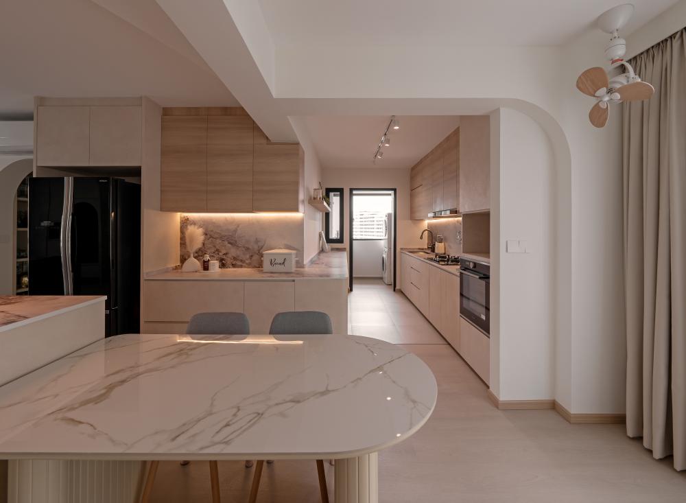 Asian Kitchen with Countertop and Wood Flooring