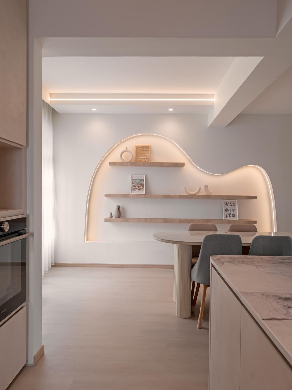 Asian Dining Room with Storage Cabinets and Open Storage