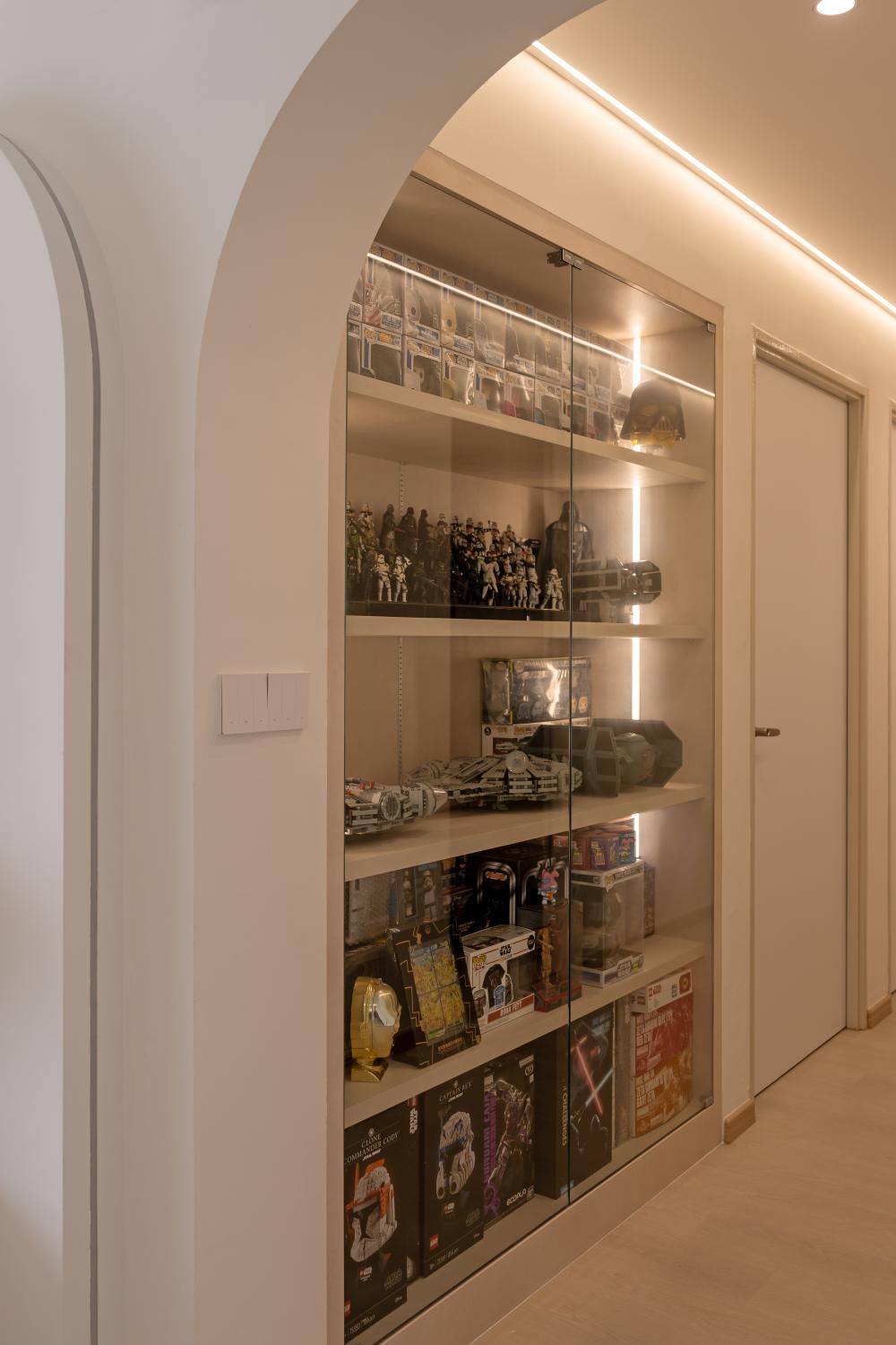 Asian Hallway with Bookshelf and Artwork