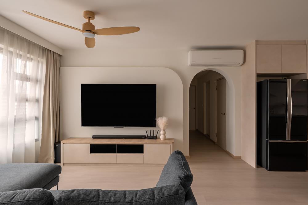 Asian Living Room with Wood Flooring and TV Console