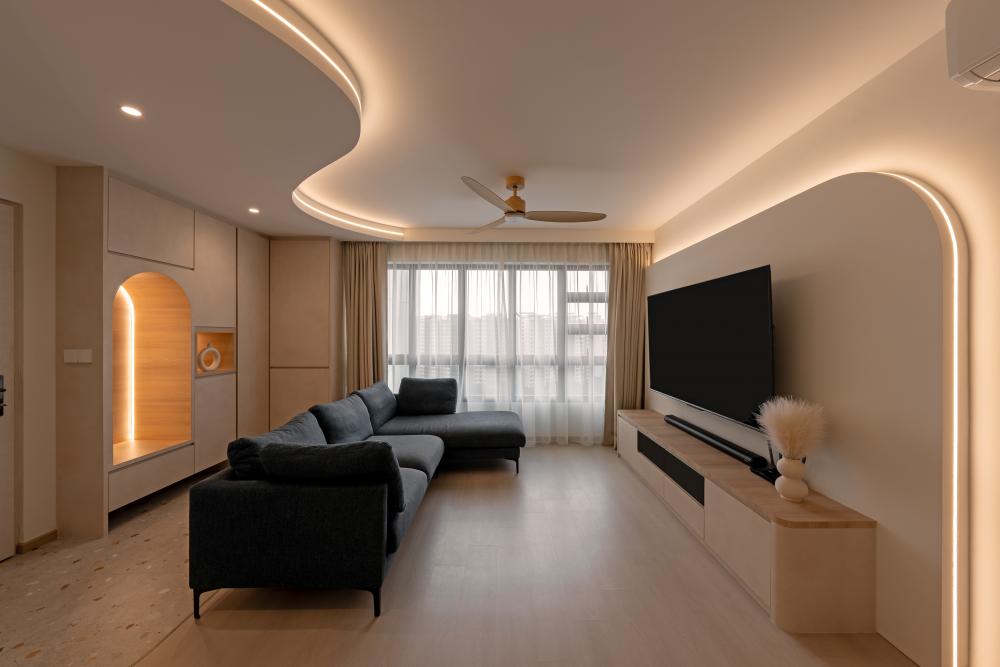 Asian Living Room with Wood Flooring and Storage Cabinets