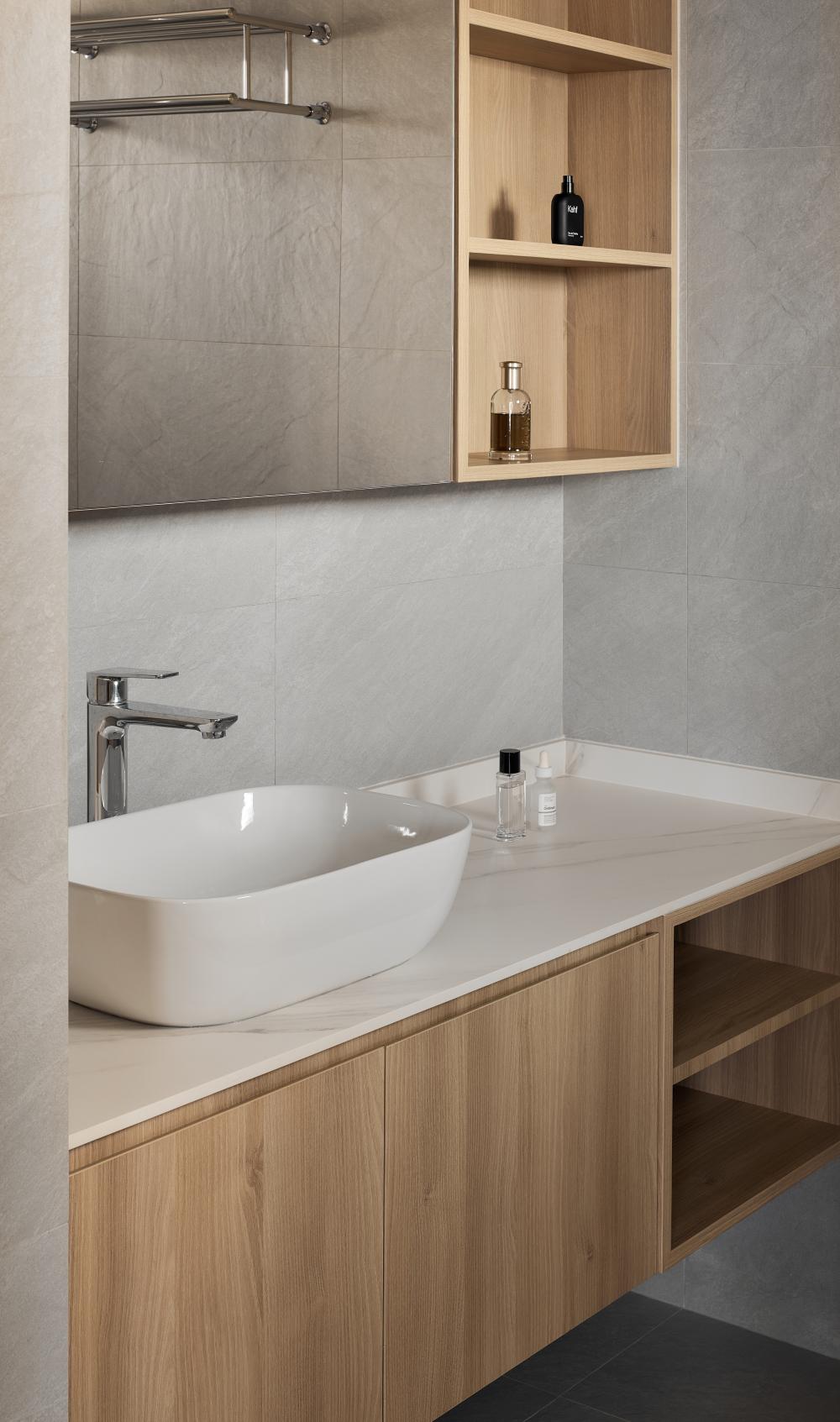 Minimalist Bathroom with Countertop and Bathroom Storage