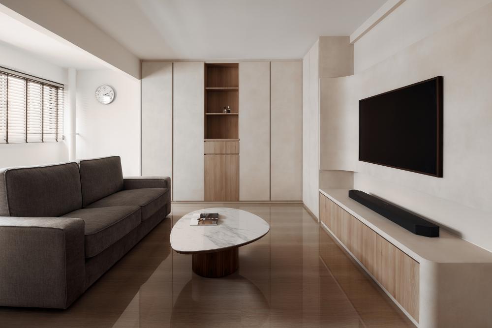 Minimalist Living Room with Wood Flooring and TV Console
