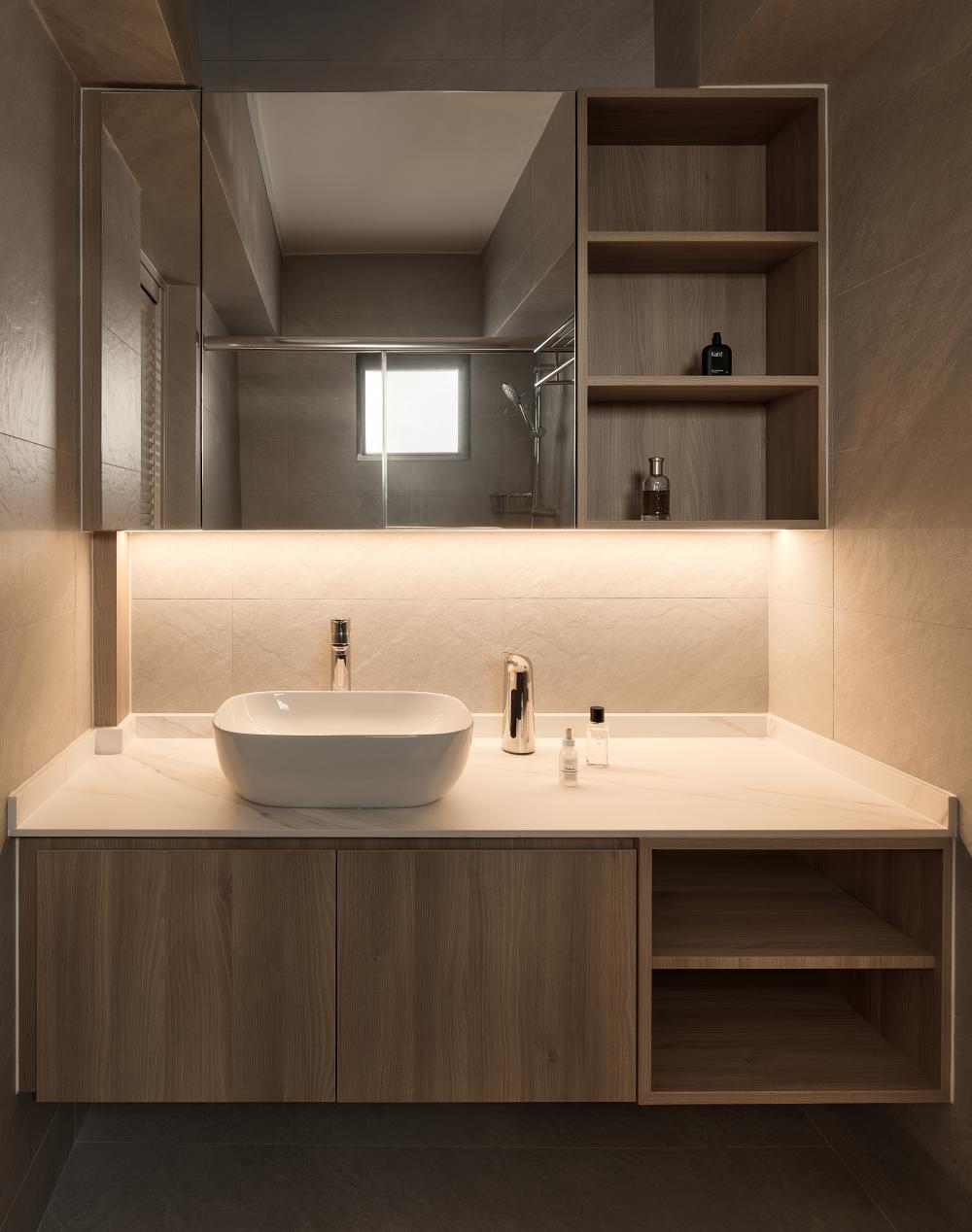 Minimalist Bathroom with Countertop and Bathroom Storage