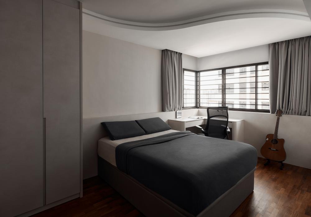 Minimalist Bedroom with Wood Flooring and Wardrobe