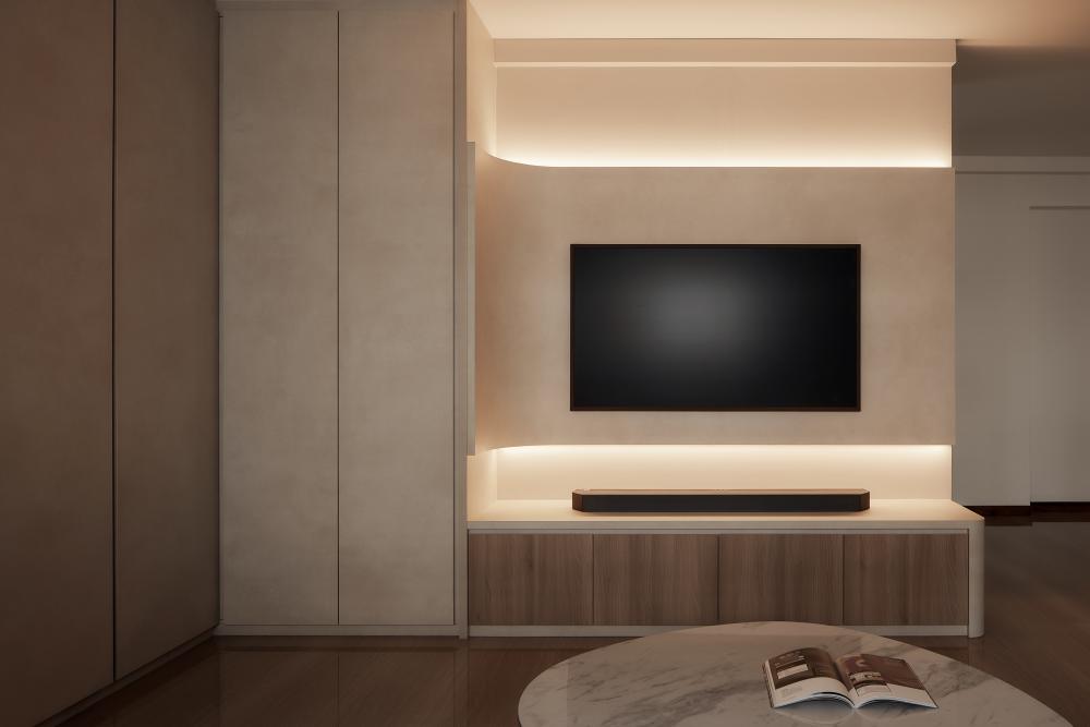 Minimalist Living Room with Wood Flooring and TV Console