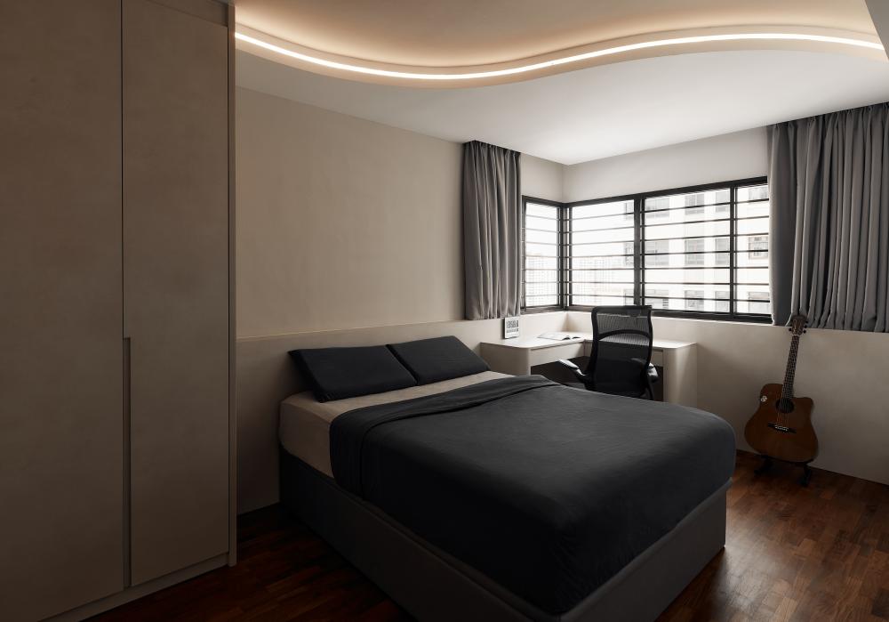 Minimalist Bedroom with Wood Flooring and Wardrobe