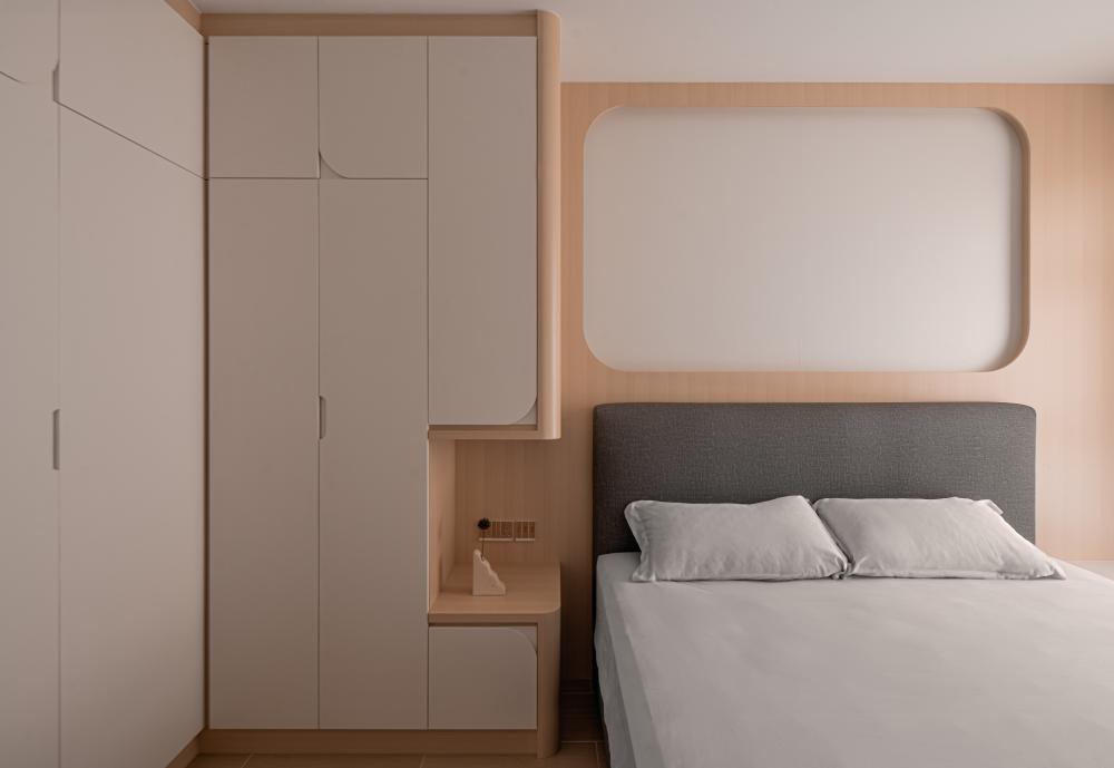Scandinavian Bedroom with Wood Flooring and Wardrobe