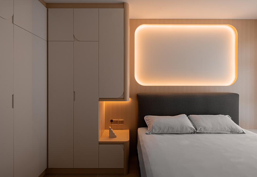 Scandinavian Bedroom with Wood Flooring and Wardrobe