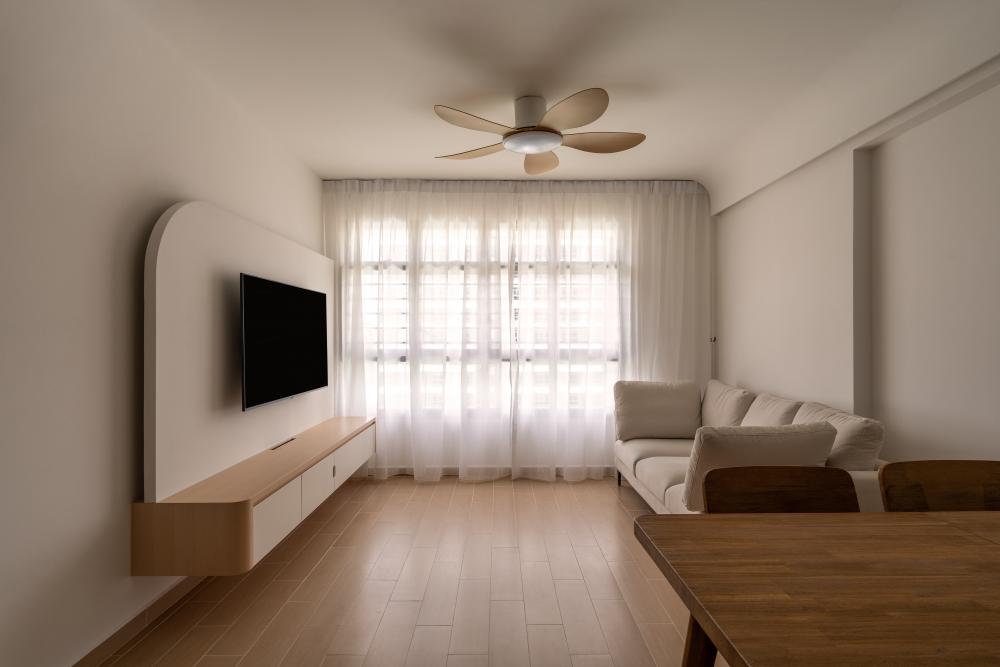 Scandinavian Living Room with Wood Flooring and TV Console