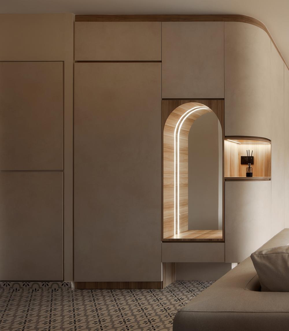 Modern Entryway with Mirror and Seating Bench