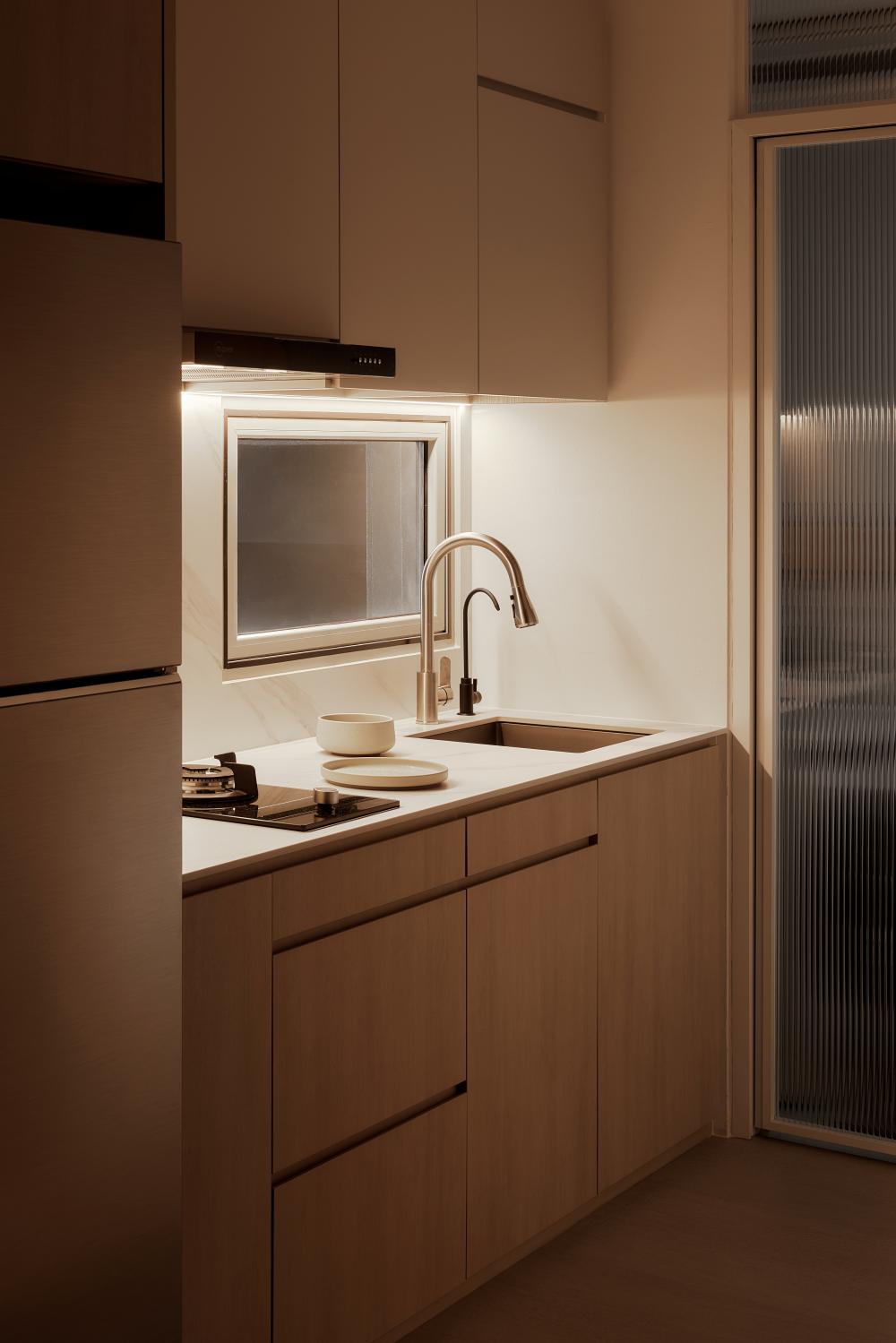 Asian Kitchen with Countertop and Wood Flooring