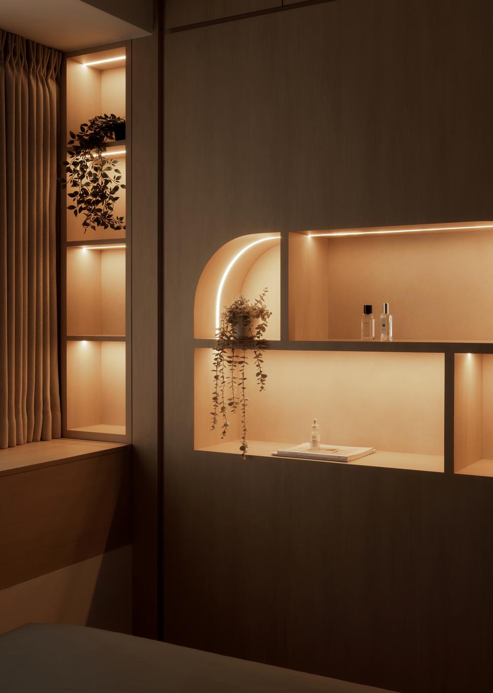 Asian Bedroom with Display Cabinets and Open Storage