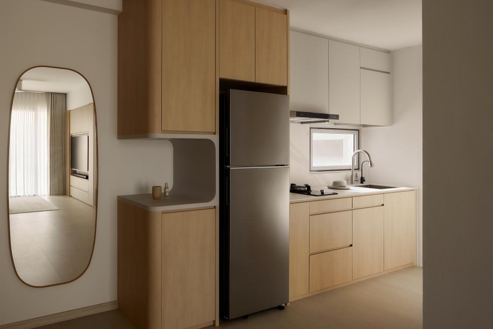Asian Kitchen with Countertop and Wood Flooring