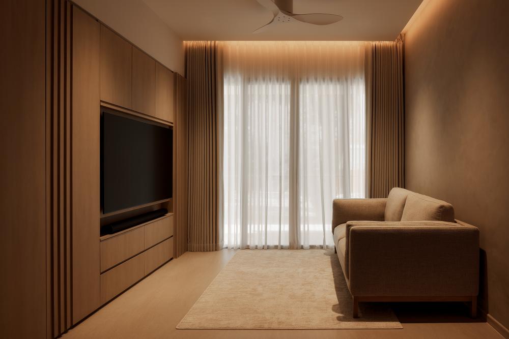 Asian Living Room with TV Console and Carpet