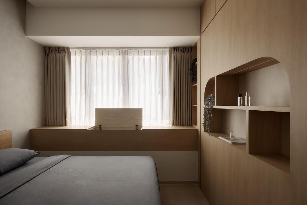 Asian Bedroom with Wood Flooring and Display Cabinets