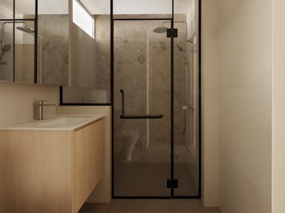 Asian Bathroom with Mirror and Bathroom Storage