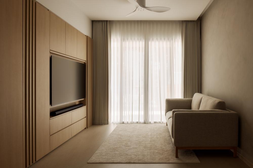 Asian Living Room with Wood Flooring and TV Console