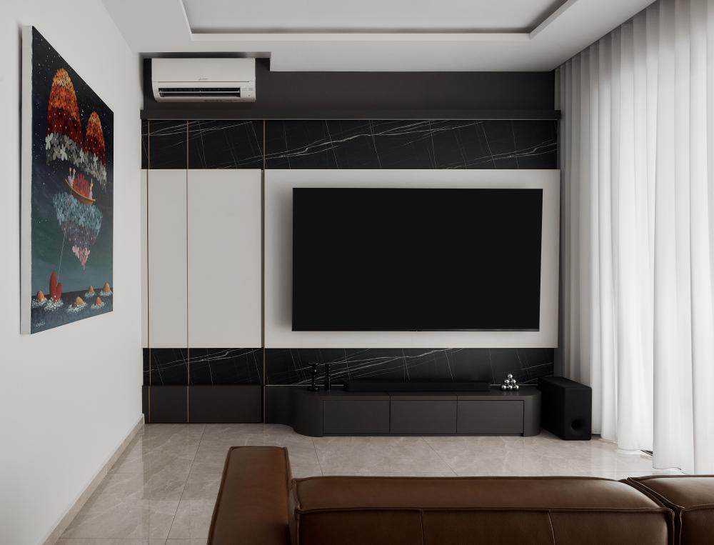 Modern Living Room with Marble Floor and Feature Wall