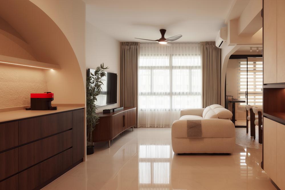 Asian Living Room with Marble Floor and TV Console