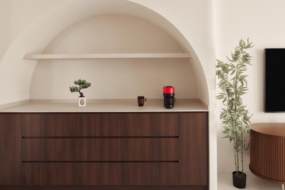 Asian Living Room with Storage Cabinets and Display Cabinets