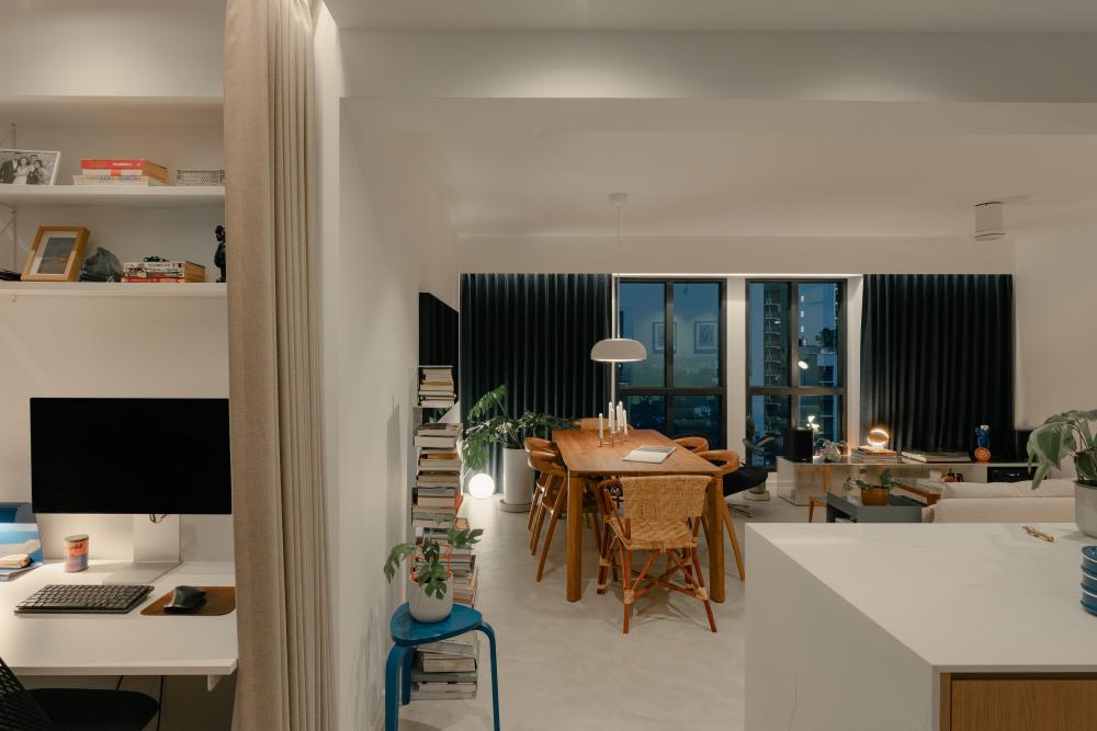 Modern Living Room with Cement Floor and Dining Table