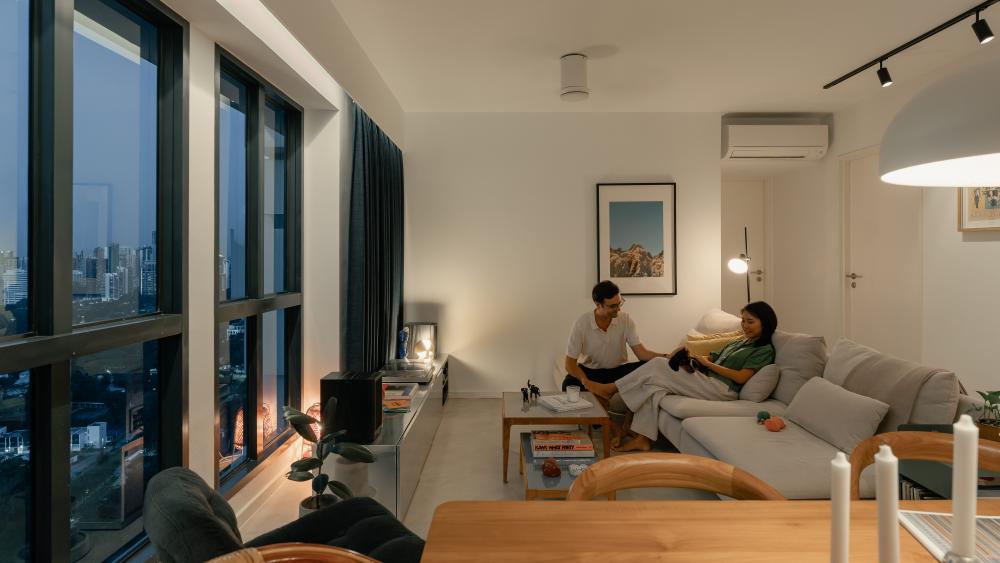 Modern Living Room with TV Console and Ceiling Fan