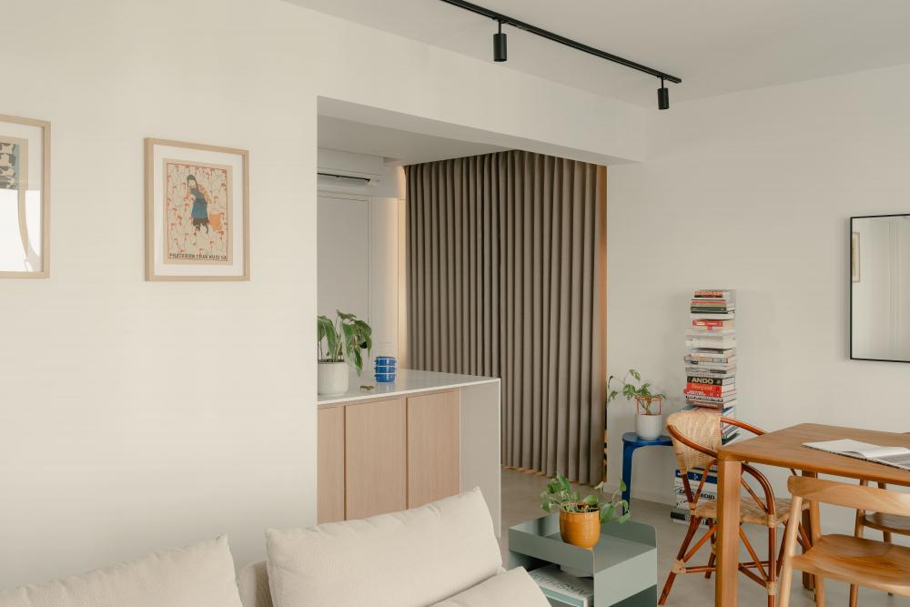 Modern Living Room with Cement Floor and Breakfast Counter
