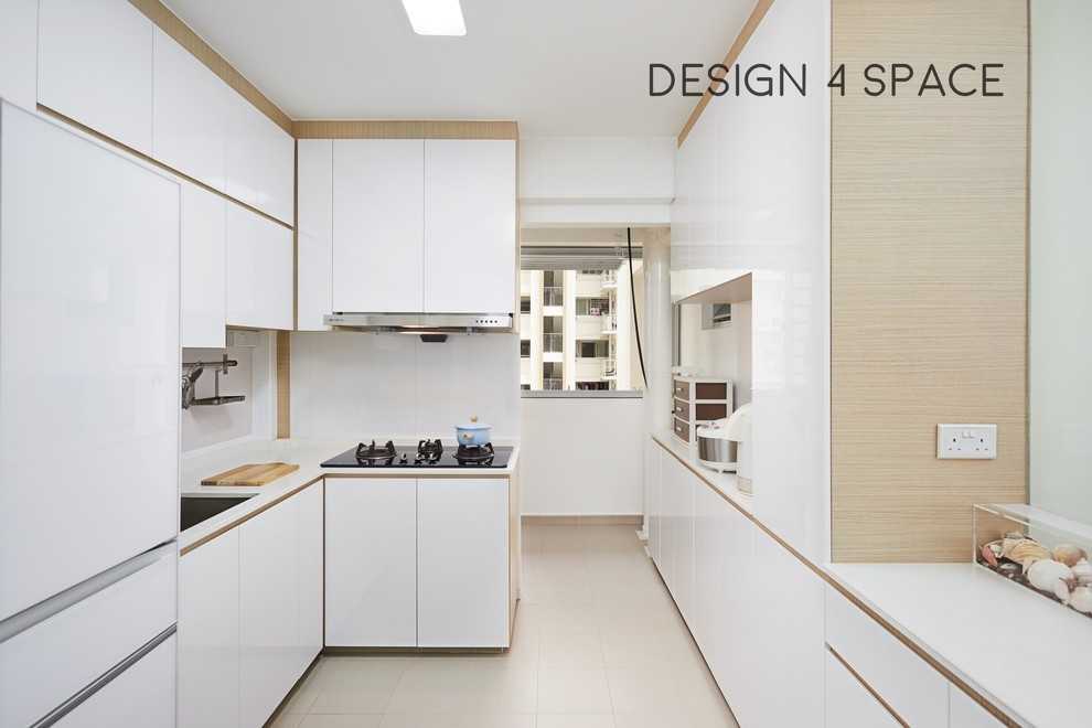 Minimalist Kitchen with Wood Flooring and Kitchen Island