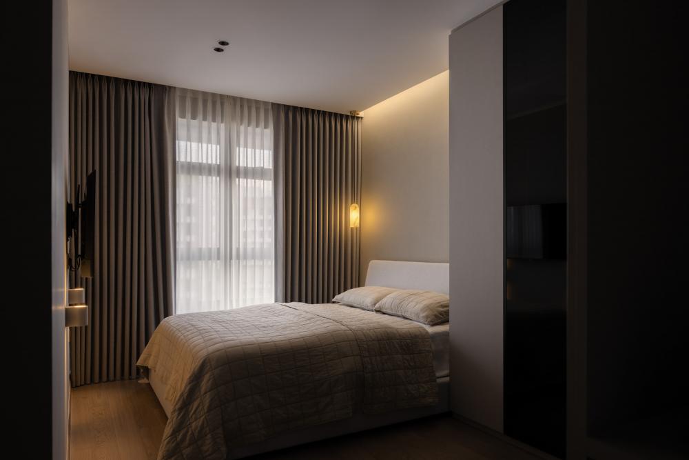 Contemporary Bedroom with Wood Flooring and Drop Light