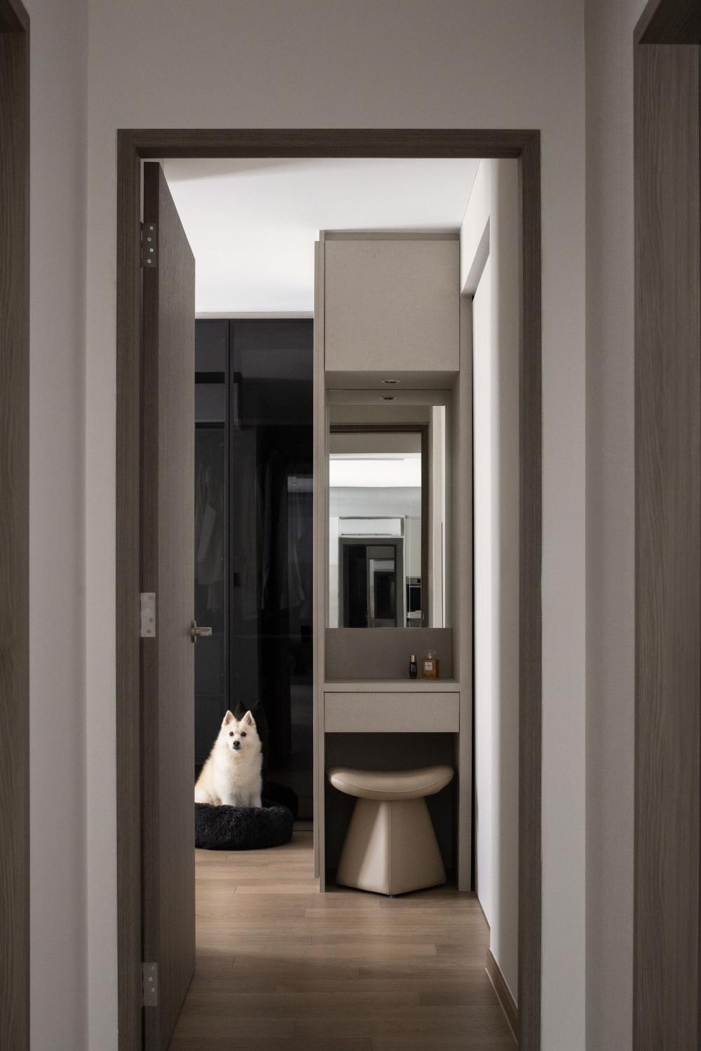 Contemporary Bedroom with Wood Flooring and Mirror