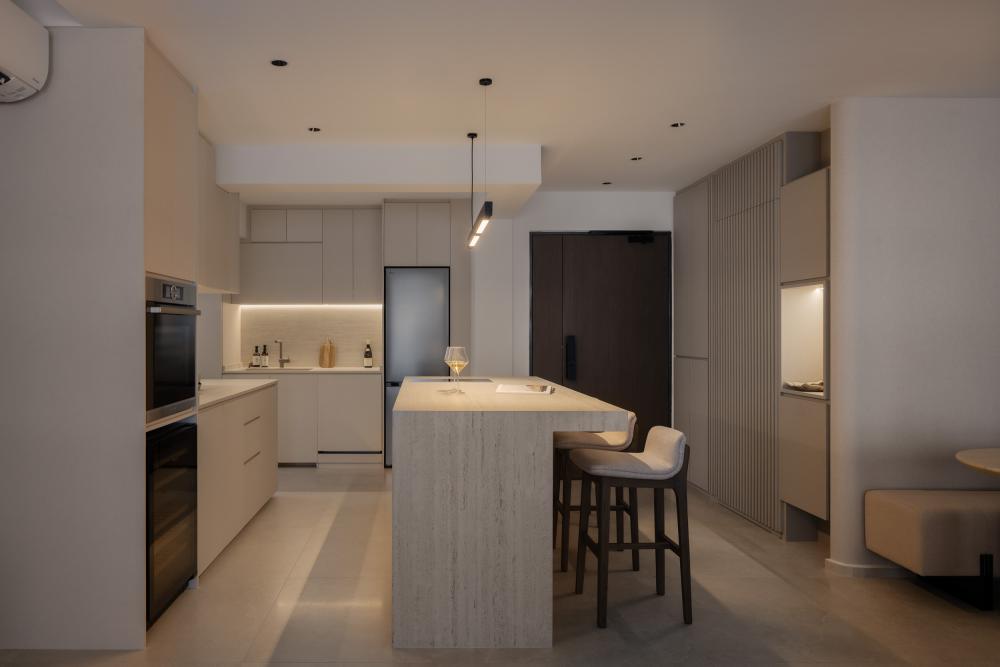 Contemporary Kitchen with Drop Light and Kitchen Island