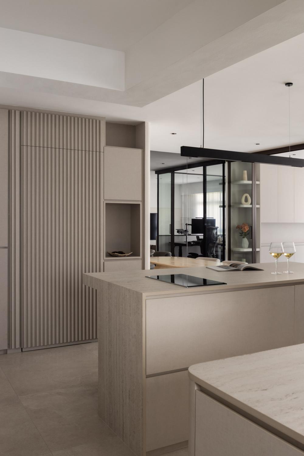 Contemporary Entryway with Mirror and Kitchen Island