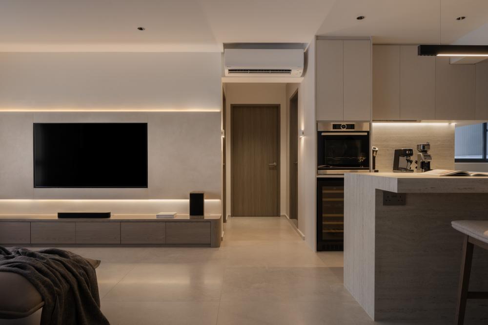 Contemporary Living Room with TV Console and Feature Wall