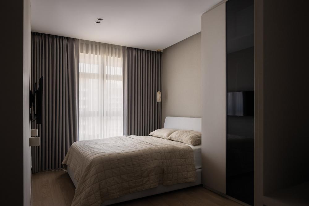Contemporary Bedroom with Wood Flooring and Drop Light