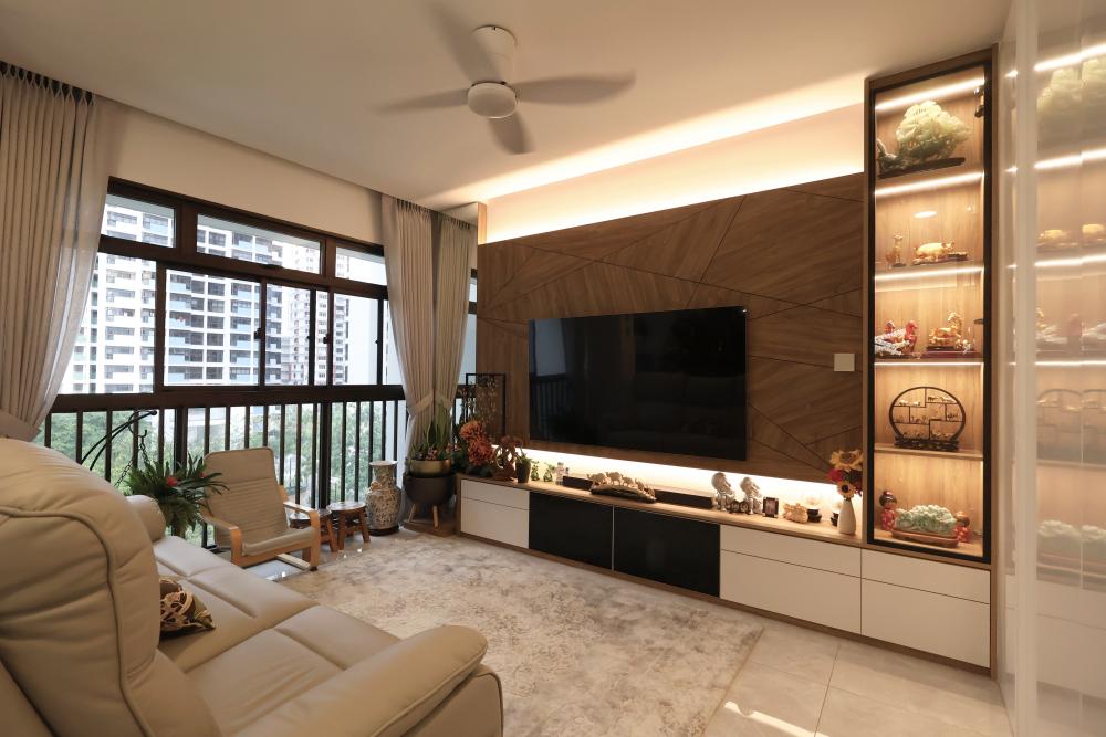 Contemporary Living Room with TV Console and Feature Wall