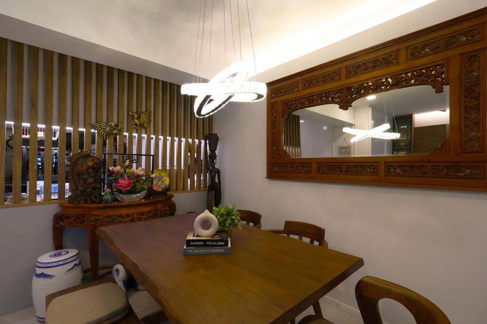 Contemporary Dining Room with Chandelier and Dining Table
