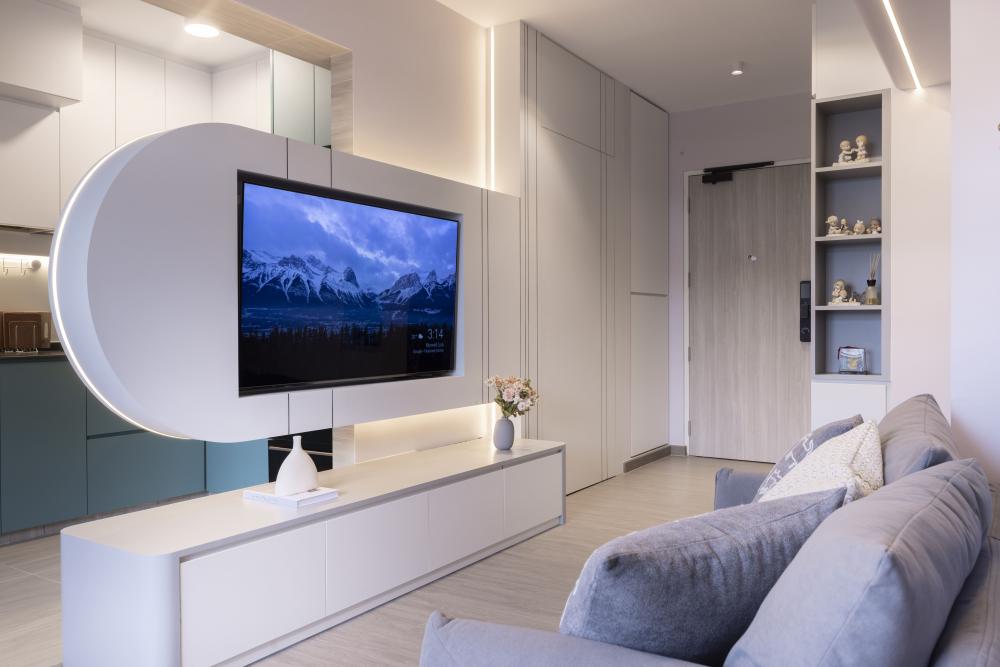 Contemporary Living Room with TV Console and Feature Wall