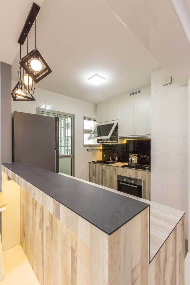 Asian Kitchen with Homogeneous Tiles and Wood Flooring