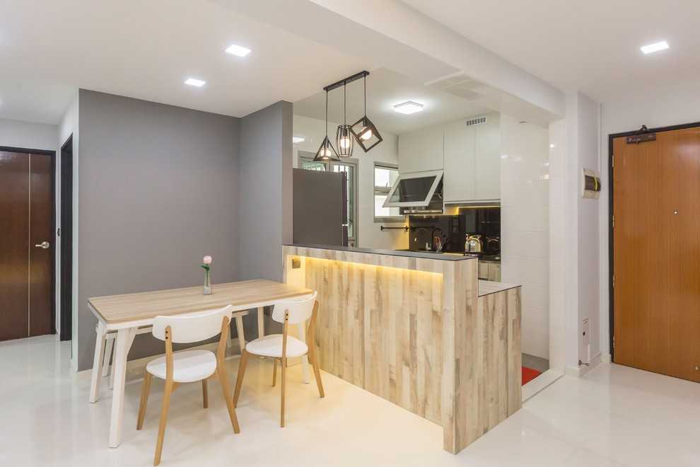 Asian Dining Room with Drop Ceiling and Ceiling Light