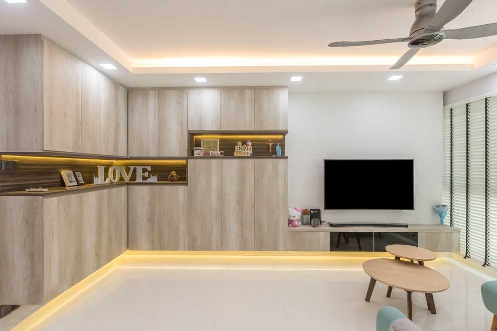 Asian Living Room with Vinyl Flooring and Herringbone Tiling