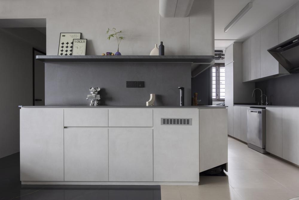 Minimalist Kitchen with Homogeneous Tiles and Kitchen Island